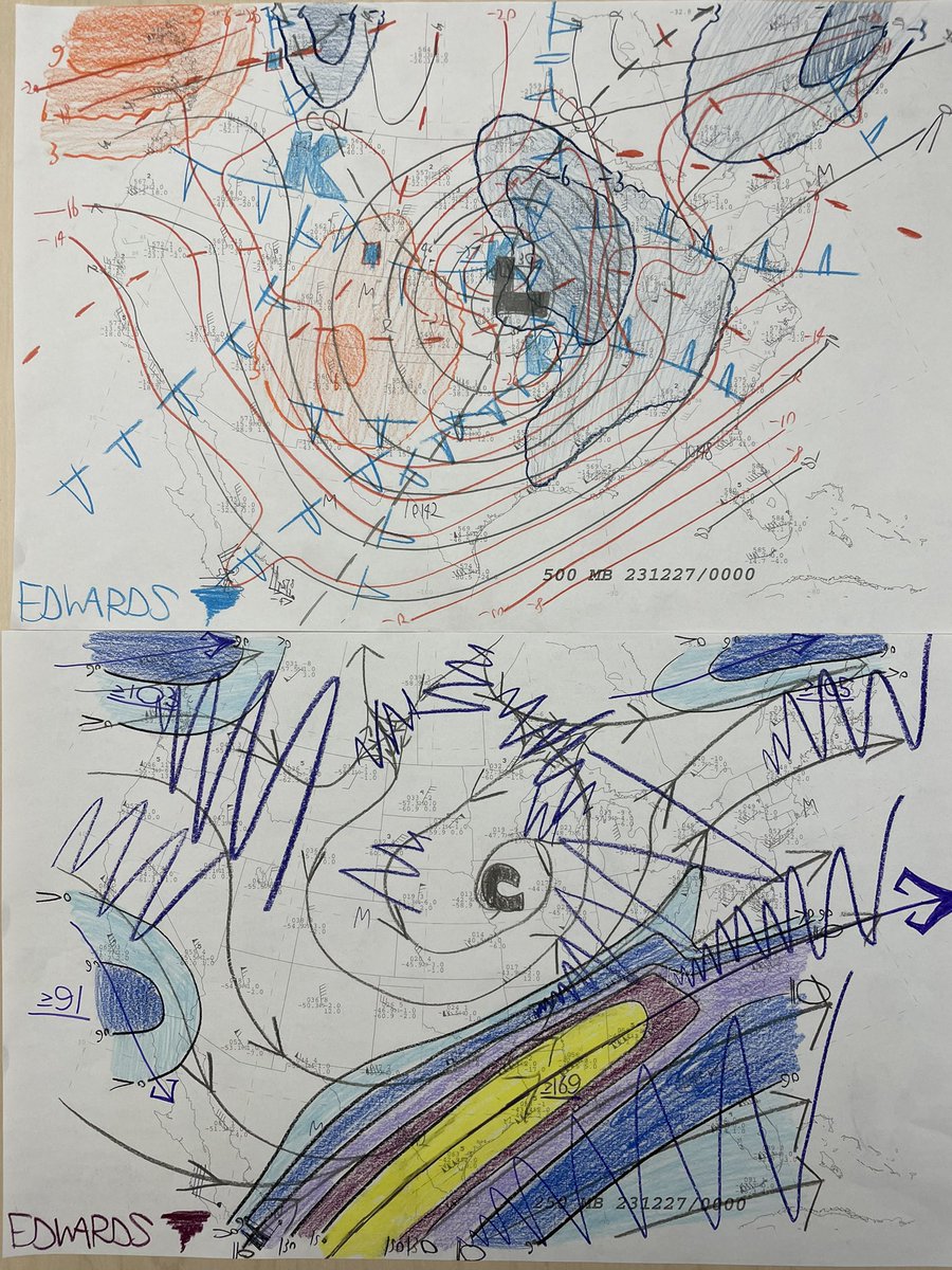 SkyPixWeather's tweet image. A synoptician’s pleasure cruise through upper-air data last night:  500- and 250-mb analyses of a big, stacked synoptic cyclone smack amid the CONUS RAOB data network.  These are fun to do, and great practice too.

#meteorology #diagnostics #HandAnalysis #understanding