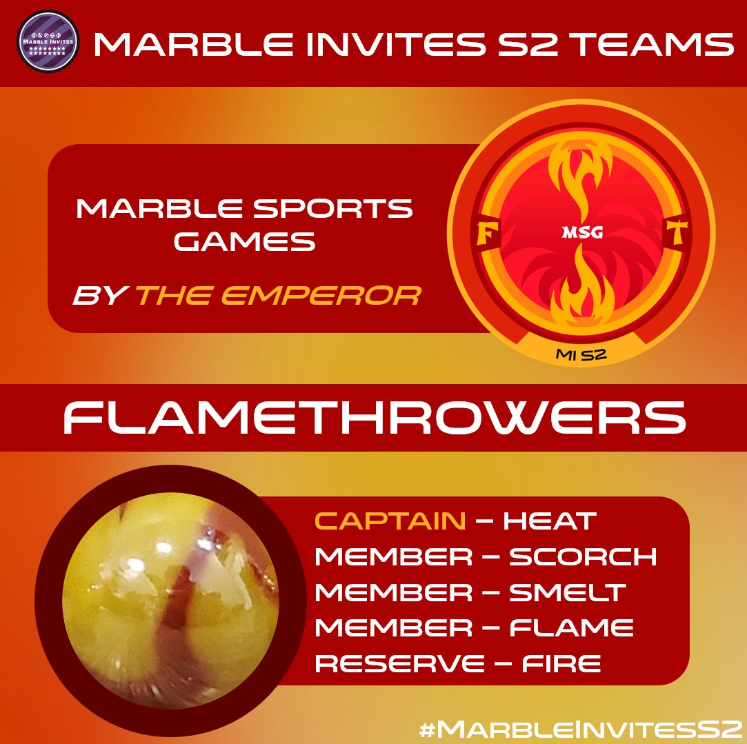 The competition is heating up with the first team reveal! Coming from the Marble Sports Games, the FLAMETHROWERS make their Marble Invites debut as the host team.

The Flamethrowers have an MSG overall podium and perfect attendance.

#MarbleInvitesS2 #MarbleInvites