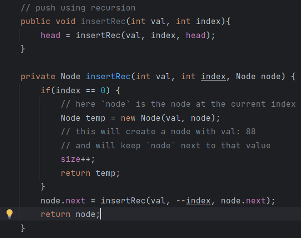 prashantjerk's tweet photo. This is from @kunalstwt #DSA #linkedList video. I am confused why the line before `return node;` is called again after the index reaches 0. This time index increases till 3 (push 88 to 4th index). I debugged but didn't understand. `node` value is not as expected. HELP!! https://t.co/CSGJ3YVQ0k