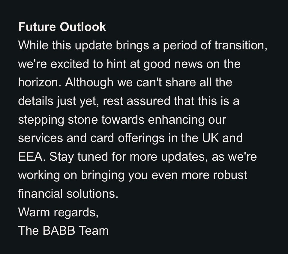 theendgame666's tweet photo. With the #BABB credit card ending on the 8th of January I’m wondering what will happen to replace it 👀They hint at good news on the horizon 🤝 let’s hope they achieve it as a card is important to these type of projects in my opinion #BAX #BABB @Rushdaverroes https://t.co/Fl3fnChRTp