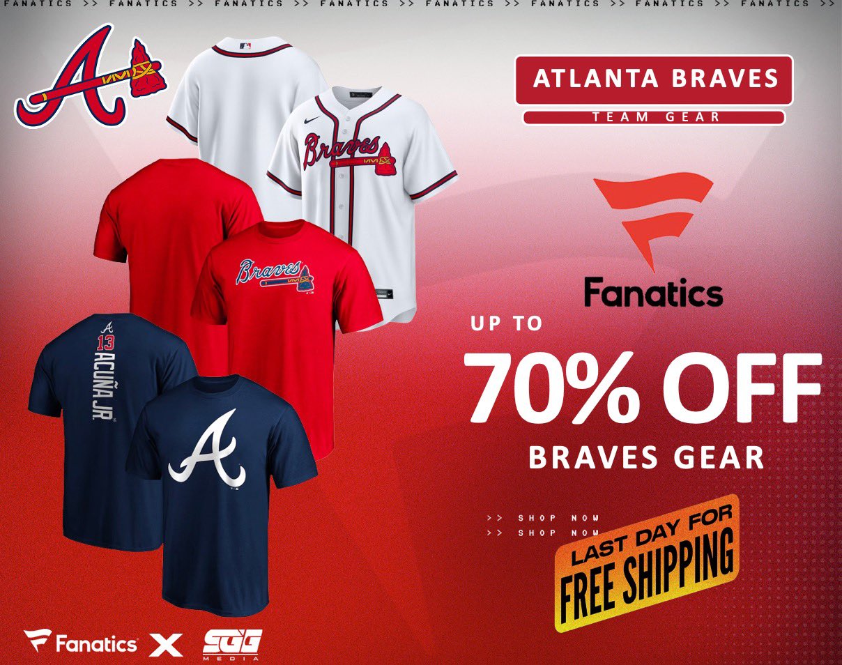 SGG Promos on X: BRAVES MEGA SALE, @Fanatics! UP TO 70% OFF ATLANTA BRAVES  GEAR!🏆 BRAVES FANS‼️ Get up to 70% OFF your team's gear today at Fanatics  using THIS PROMO LINK