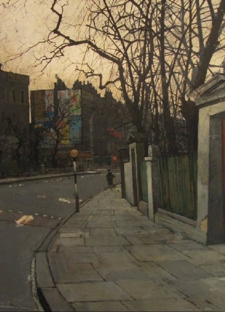 'Fulham Road, London.' (1956) Christopher Chamberlain favoured painting in adverse weather conditions, and often went out towards evening in search of fog and wintry wet surfaces, anything which provided increased spatial effects for his gritty depictions of London street scenes.