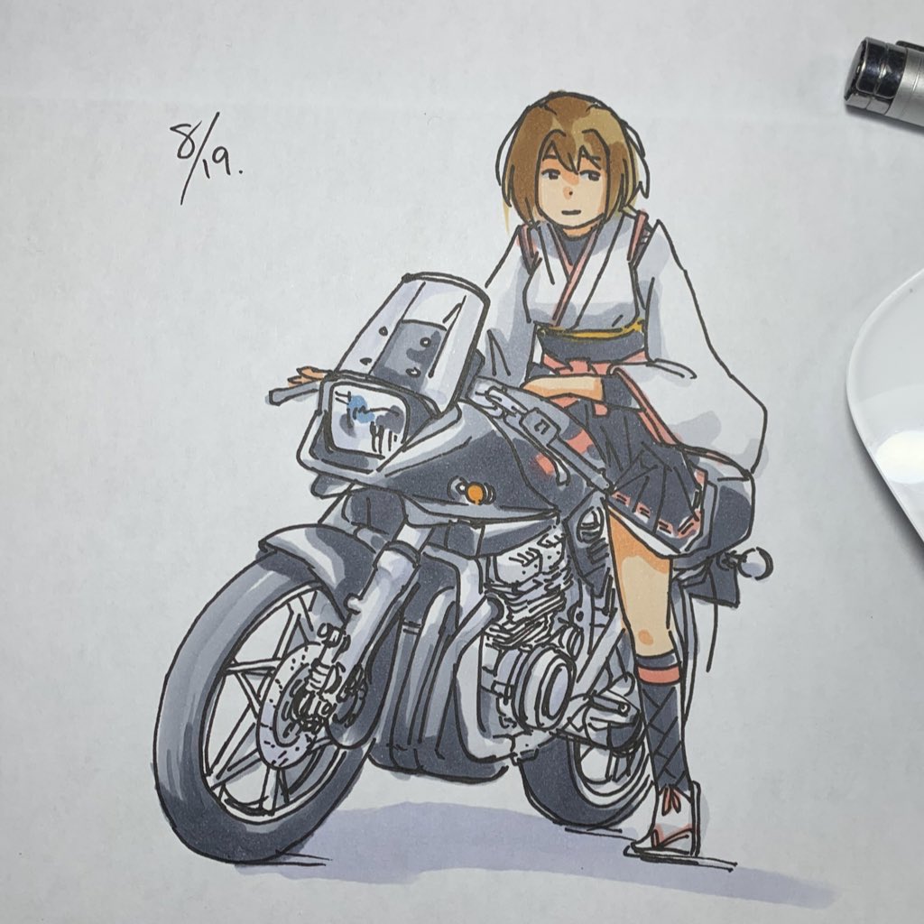hyuuga (kancolle) 1girl ground vehicle solo motor vehicle motorcycle brown hair japanese clothes  illustration images