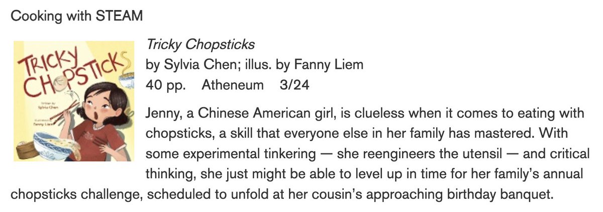 WOW! *Thank you* @HornBook for including TRICKY CHOPSTICKS (illus. @wenfancyart @SimonKIDS) in your Foodwise list of picture books which present food in varied ways! 😍🤩 Thrilled to see PBs by @JackieKramer422+@lunartcy19 @MapleLam @namstwit+@chaayaprabhat @keila_dawson too! 💖