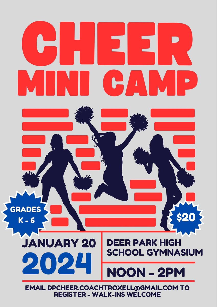 The Deer Park High School Cheerleaders are hosting a Mini Camp on January 20th!
A parent or guardian must be present at drop off to complete an emergency medical form for their participant!