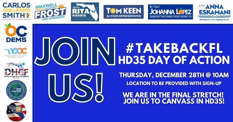 Join us for a canvass tomorrow at 10 a.m. as we seek to #TakeBackHD35! We'll be joined by @RepMaxwellFrost , @CarlosGSmith , @JohannaForFL , @RitaForFlorida & @AnnaForFlorida! Link to sign up: mobilize.us/orangecountyde… #TomKeenForFlorida #TomKeen #FLHD35