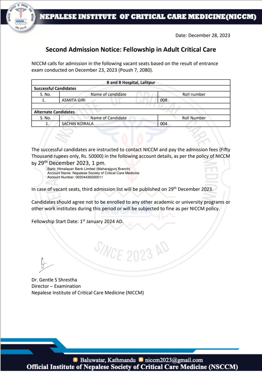 Second Admission List for Fellowship in Adult Critical Care.