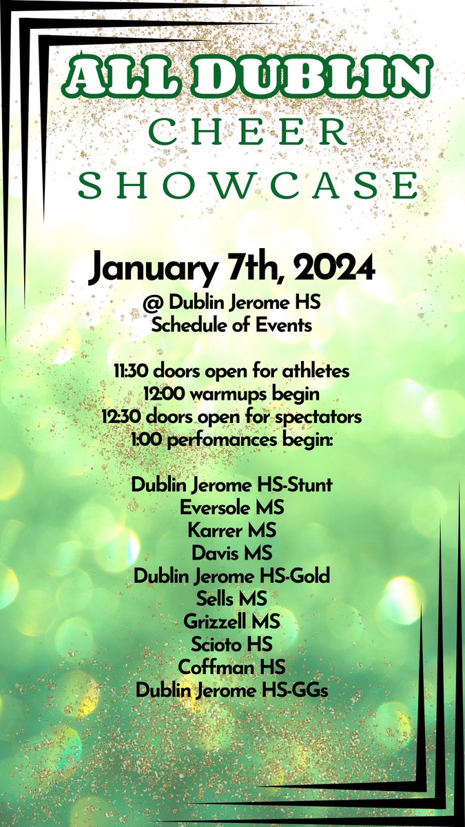Join us on January 7th to see our Dublin teams perform!!  Bring a canned food item or toiletry to gain admission to the event. All items will be donated to the Dublin Food Pantry.