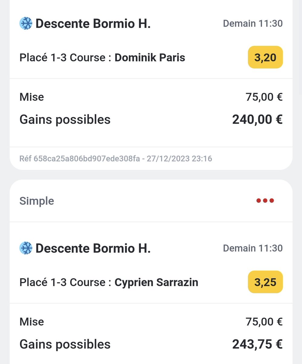 pronoland_'s tweet photo. [Ski Alpin] Descente H, Bormio (11h30)

Paris podium à 3.2 (0.75%)
Sarrazin podium à 3.25 (0.75%)

Je tente la double chance podium entre le maître des lieux et le génie français ! On espère un des 2 sur le podium, et pourquoi pas plus si affinité 🙏

❤️/RT si tu suis ! https://t.co/b2ZjtqRqBf