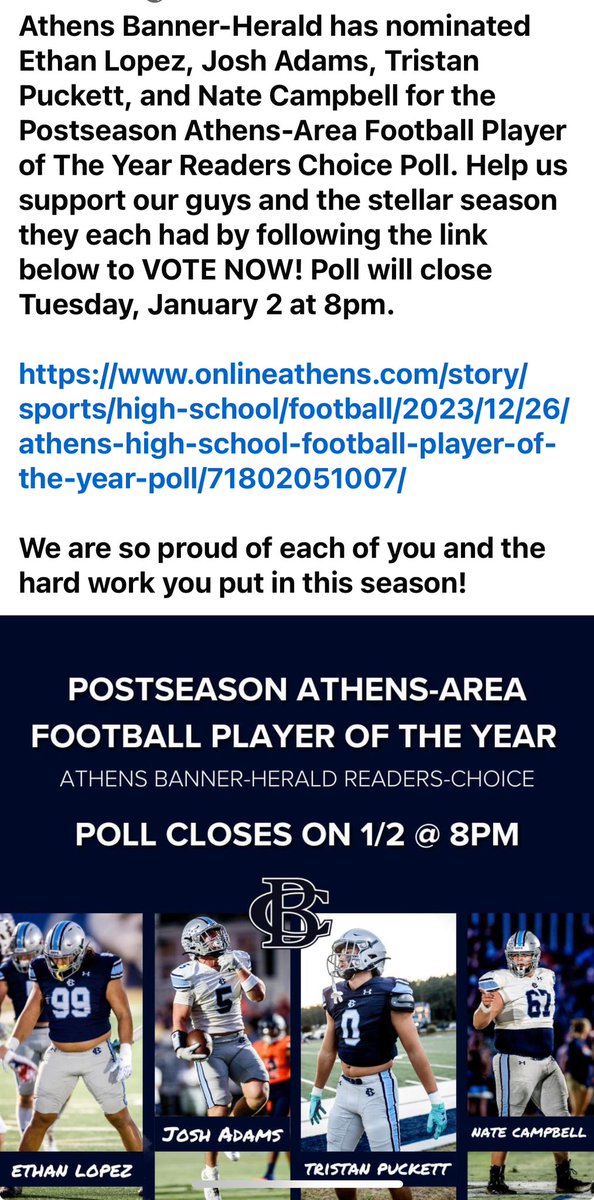 Please vote for our players: Josh Adams, Tristan Puckett, Nate Campbell, Ethan Lopez <a href="/Joshua_5_Adams/">Josh Adams</a> <a href="/Pukkett_/">Tristan Puckett 2025</a> <a href="/NateCampbell240/">Nate Campbell</a> <a href="/EthanLopez404/">Ethan Lopez</a>