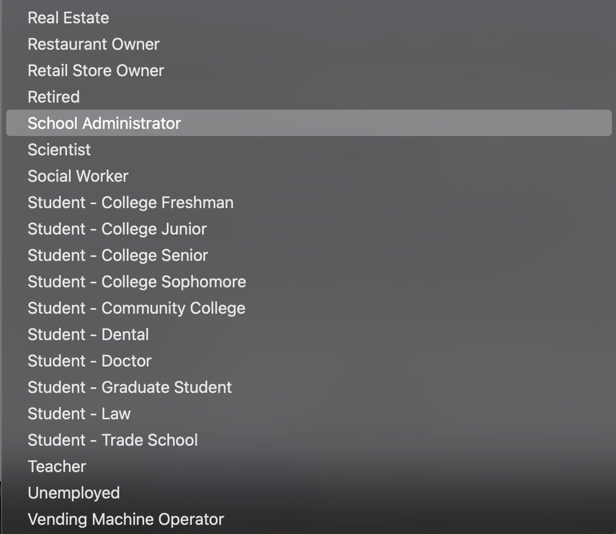 stephengoggin's tweet photo. Today I learned that these are the entire universe of occupations according to Bank of America. Tag yourselves, I'm Parking Lot Owner. https://t.co/DOvkRiK2aL