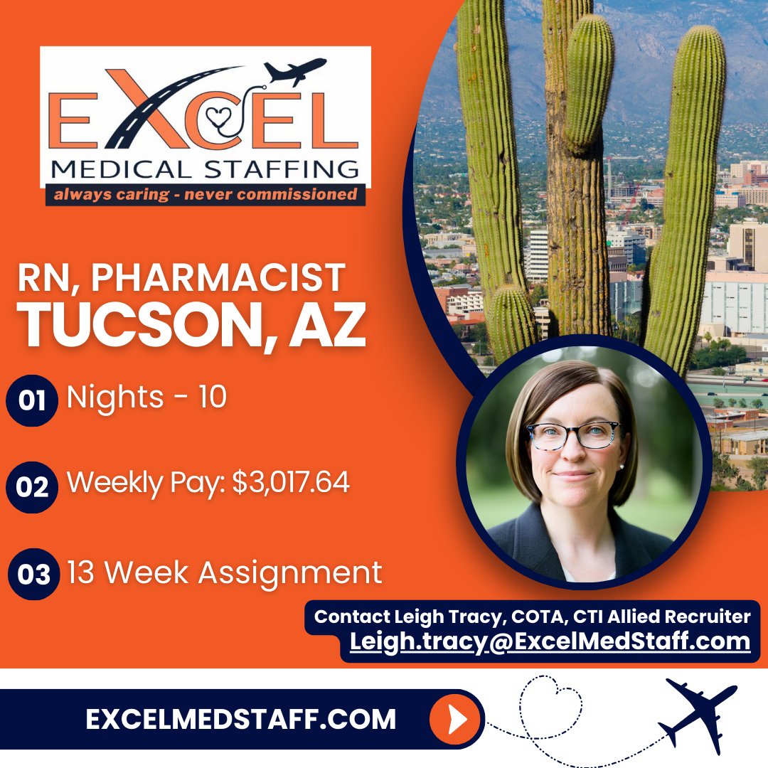 ExcelMedStaff (@excel_med) on Twitter photo Ready for a change? Tucson awaits your nursing expertise! Excel Medical Staffing has rewarding positions in a city known for its warmth and charm. π΅π©ββοΈ
Email or call for more info about this position.
Email: Leigh.tracy@excelmedstaff.com
Phone: 469-770-7492 Ready for a change? Tucson awaits your nursing expertise! Excel Medical Staffing has rewarding positions in a city known for its warmth and charm. π΅π©ββοΈ
Email or call for more info about this position.
Email: Leigh.tracy@excelmedstaff.com
Phone: 469-770-7492