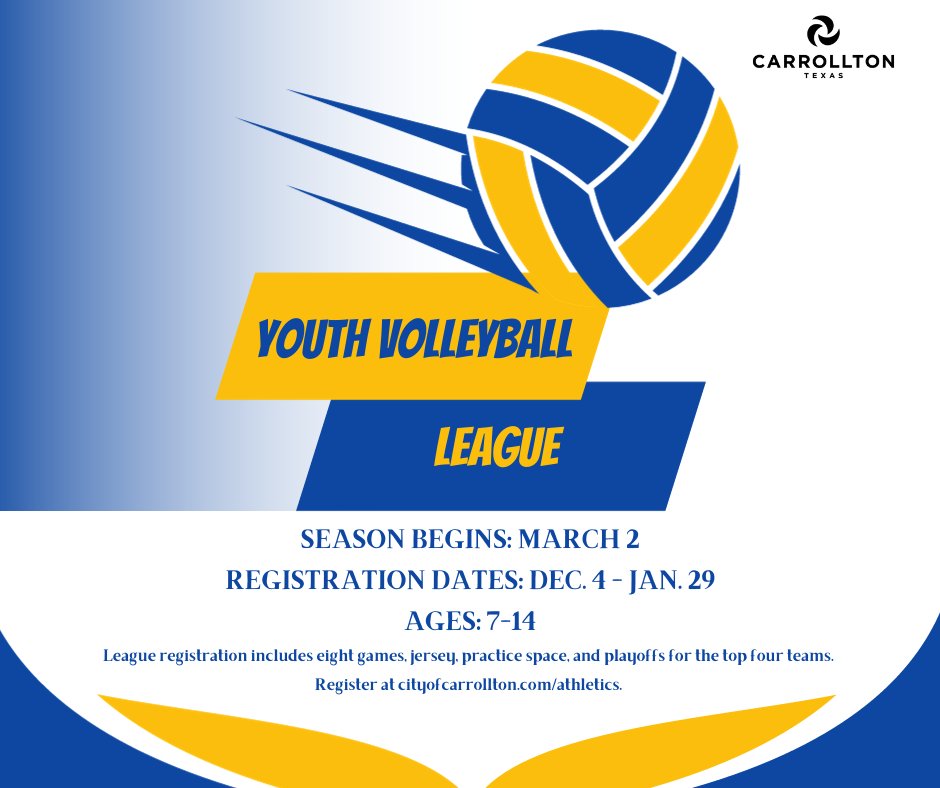 CarrolltonParks's tweet photo. Hey there, volleyball enthusiast! Don’t miss out on the spring league fun! Registration ends on January 29th, so seize the opportunity and secure your spot now. Join us for an action-packed season of spikes, sets, and smiles! #SpringVolleyball #RegisterNow😀 https://t.co/U4oXXGxLPQ