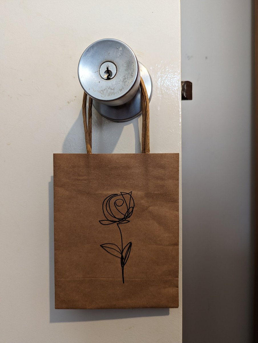We are at The In Between phase of two years. The only drive you have is to eat all the cheese and potatoes in the house.
Take this smol Bag of Holding with a picture of a flower I drew on it to collect the cheeses and potatoes. 
#ContinuousLineDrawing #FlowerArt #PaperBagArt