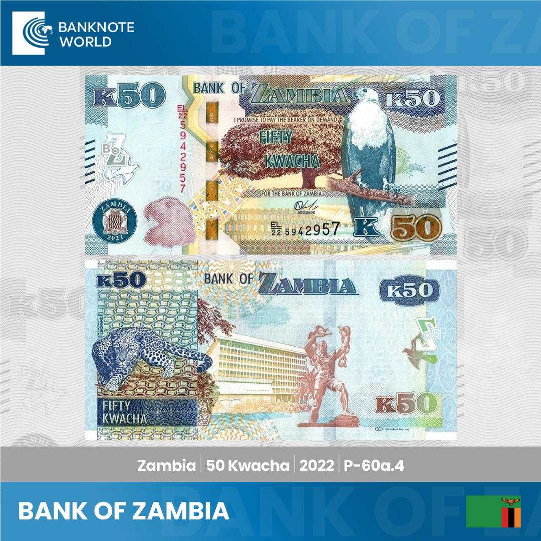 banknoteworld's tweet image. 🇿🇲💸 Zambia&apos;s currency journey unfolds with the 2021 50 Kwacha banknote. 🌍🦅 It features the national coat of arms, a majestic fish eagle, and iconic landmarks like the Freedom Statue. A vibrant testament to Zambia&apos;s rich heritage. #ZambianKwacha #BanknoteDesign