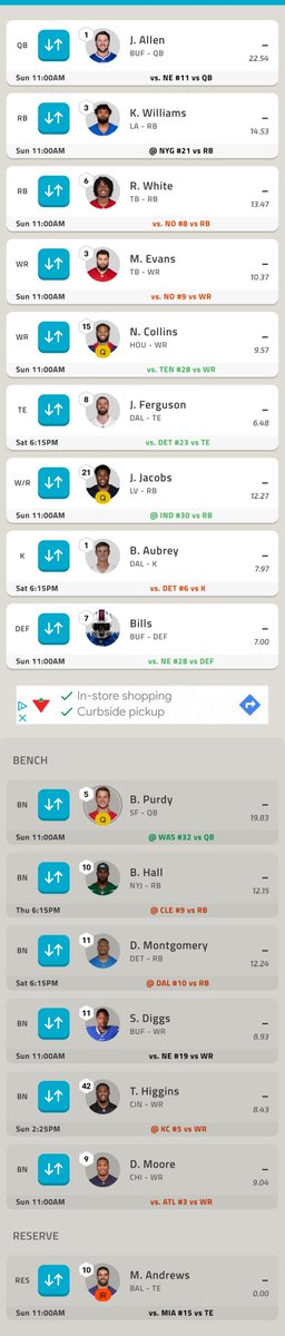 DroverJim44's tweet photo. @NFLFantasy Benching Diggs this week. Torn between Hall, Jacobs or Monty in the flex? https://t.co/ColuIEq8Xl
