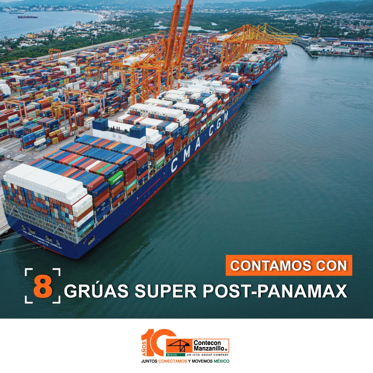 ConteconMzoOf's tweet photo. Contamos con 8 Grúas Super Post-Panamax, 4 de ellas cuentan con un brazo de 65 metros de manga y 4 mas con 63 metros. Esto nos permite atender buques de hasta 400 metros de eslora.
#JuntosConectamosYMovemosMéxico #Contecon #SuperPostPanamax #Grúas #Eslora https://t.co/rdrZbKD1cz