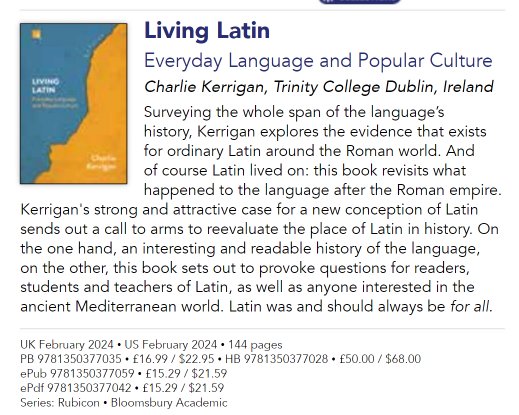 Looking forward to reading the new book by @TCDClassics lecturer Charlie Kerrigan (my friend from @Gonzagadublin): a kind of people's history of the Latin language 🫒 It sounds brilliant and original. Forthcoming shortly from @BloomsburyClass 📚 issuu.com/bloomsburyacad…