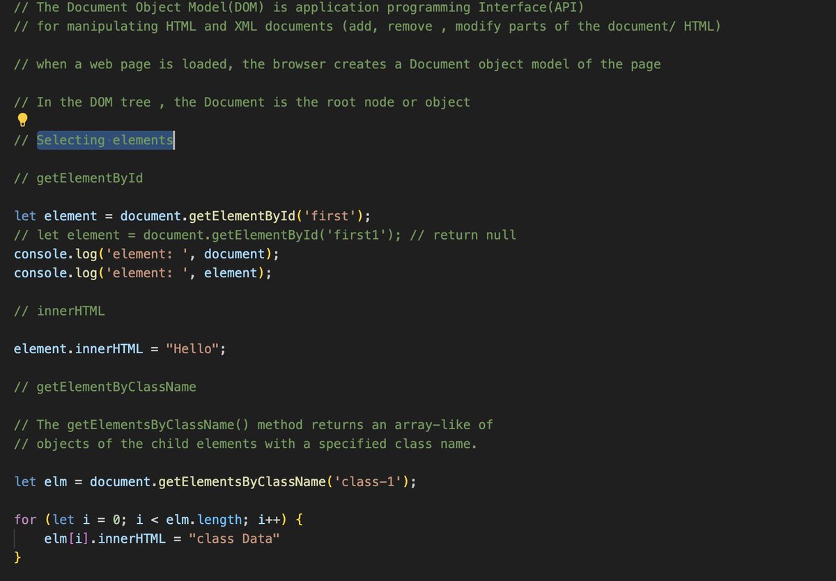 NeelamLatwal's tweet photo. Day 9 Continuing my #100DaysOfCode  challenge! 🚀 #codeWithJSK
The Document Object Model(DOM) is application programming Interface(API) for manipulating HTML and XML documents (add, remove , modify parts of the document/ HTML).
1. Selecting elements https://t.co/aNK5fcFxSj