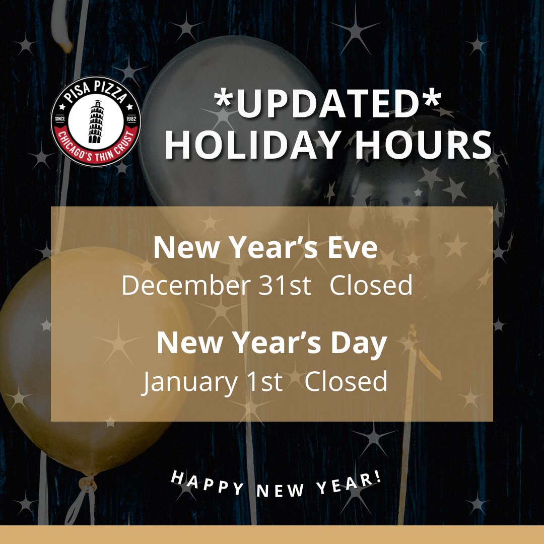 *New Year hours have changed.* We will be closed this upcoming Sunday, Monday, and our usual Tuesday.  #holidayhours #newyearseve #closedfornye #closednewyearsday #happyholidays #pizzapizzapizza #eatlocal #pisapizzacountryside