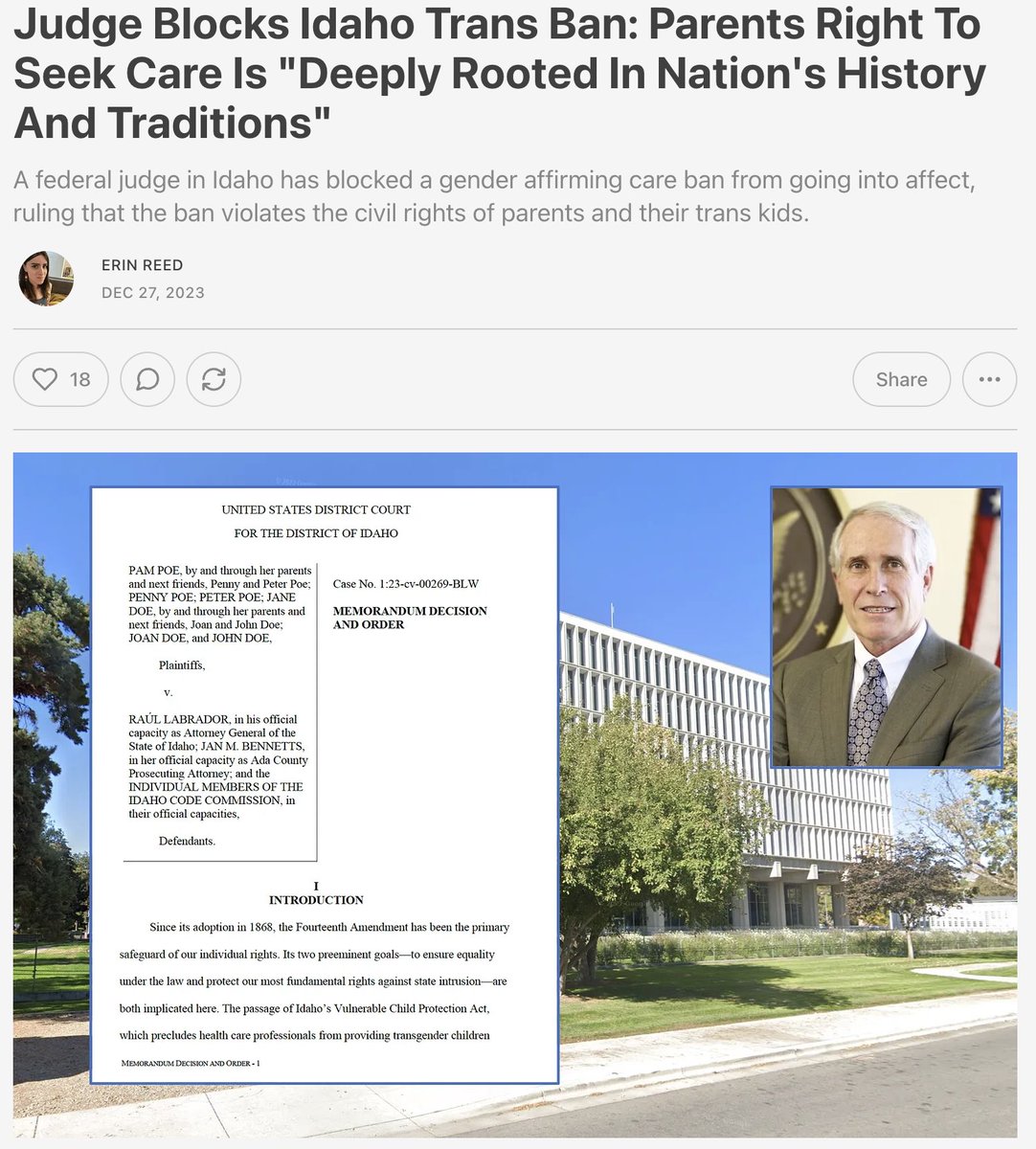 1. Incredible news!

A federal judge has blocked Idaho's gender affirming care ban, ruling it as likely unconstitutional.

Crucially, he rules that "A parent's right to seek medical care" is "deeply rooted in this nation's history and traditions."

Subscribe to support my work.