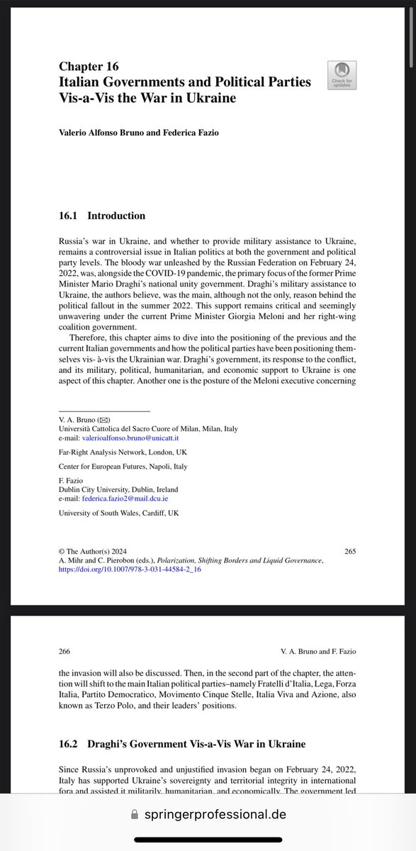 Happy to announce that the book chapter “Italian Governments and Political Parties Vis-à-Vis the War in Ukraine” coauthored with @ValerioA_Bruno is now available here!  👇🏻 springerprofessional.de/content/pdfId/…