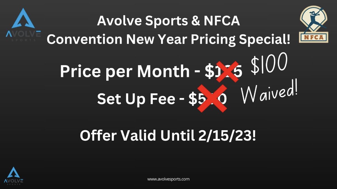 AvolveSports's tweet image. Earlier this month we attended the @NFCAorg national convention in Louisville, KY. #softball 

To celebrate this partnership and the upcoming new year we are offering a special price from now until 2/15. 

Click the link in our bio to get in touch with us to get started!
