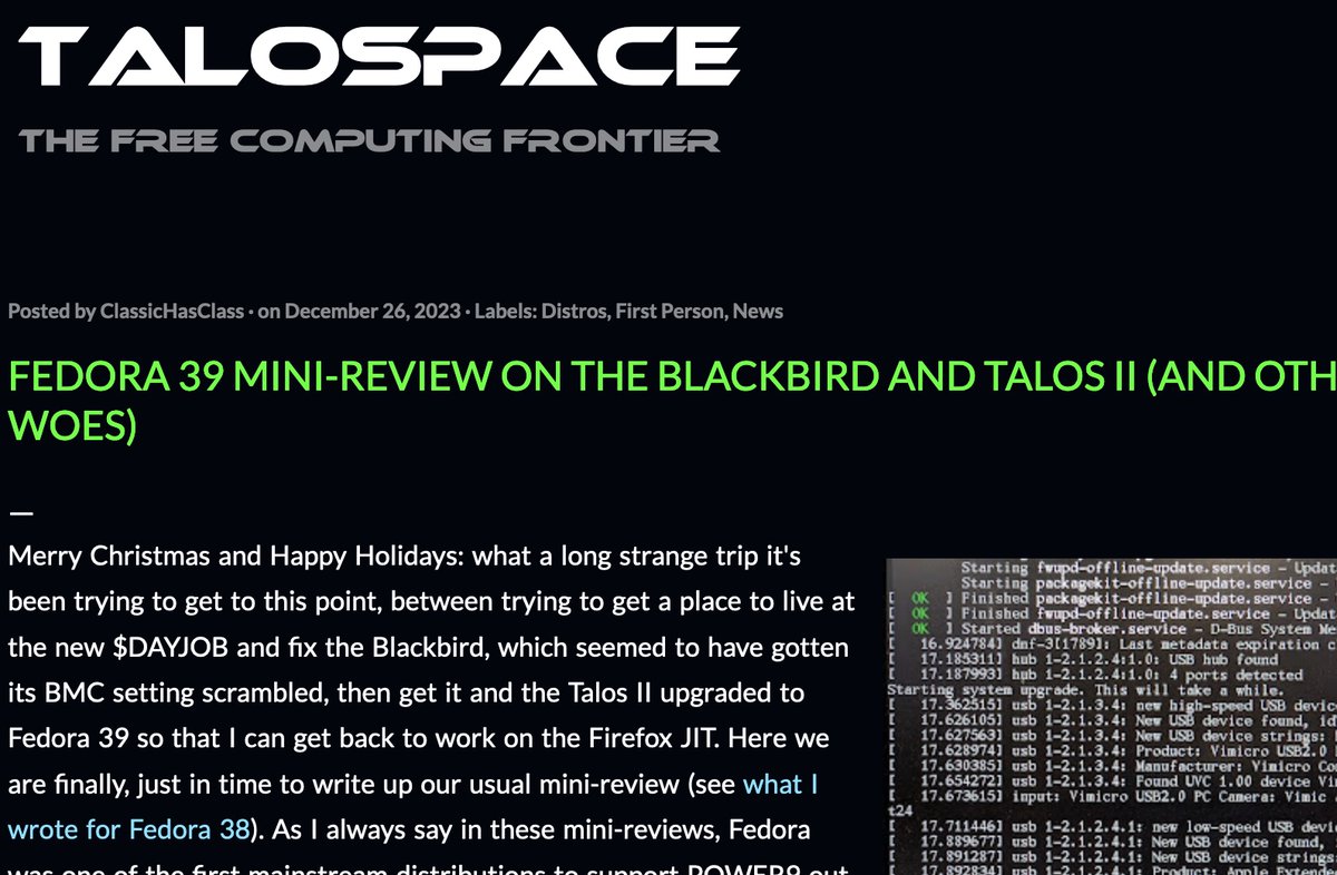 mpc7500v2's tweet photo. #Fedora39 mini-review on the #Blackbird and #TalosII (and other woes)
https://t.co/HWn4z2rwSB

#OpenPOWER #POWER9 #PowerPC #RaptorCS https://t.co/K4XCyD7PxC