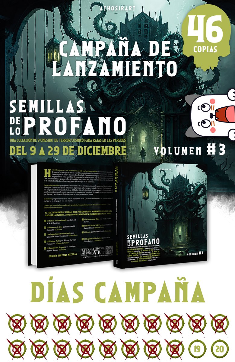 athosirart's tweet image. Estamos a 4 copias de los 50 ejemplares financiados de #SemillasdeloProfonaV3😍 Sería la Ost! alcanzar las 50 copias, además estamos a 30€ de la cuarta meta, el libro de Artefactos y Hechizos

¡Animaros peñita!😘¡Tenemos hasta el 29! ⏳

🟢patreon.com/posts/campana-…🟢