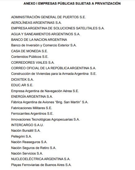 NicolasFioren's tweet photo. Listado completo de empresas públicas sujetas a privatización en la ley ómnibus que mandó el Gobierno. 

Incluye Aerolíneas Argentinas, AySA, Arsat e YPF, entre muchísimas otras. https://t.co/PCk3xqdXCy