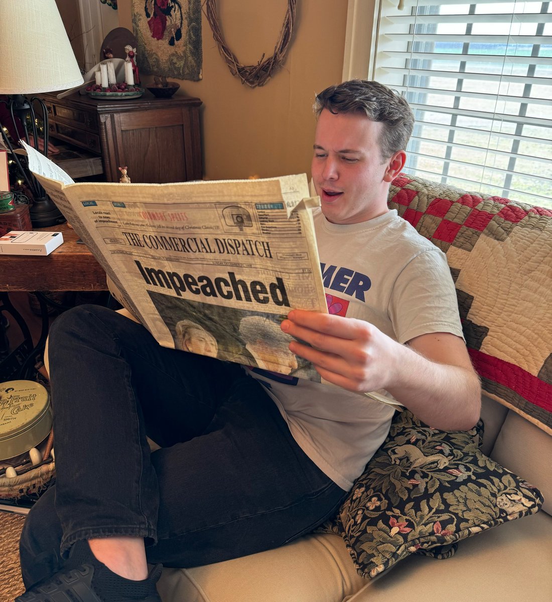 teekaygray's tweet photo. reading some breaking news at my grandma's house! https://t.co/QhB4kBlTm4