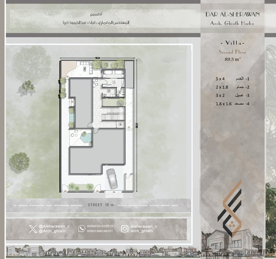◽مخطط معماري على أرض 30x16.8
✅4غرف نوم
✅مداخل مميزة بمطلات زجاجية
✅مدخل العائلة دبل هايت
✅جلسة خلفية مع منكقة ألعاب أطفال
✅صالة الطعام مطلة على بركة مياه 
✅صالة التلفاز لها مطلين مميزين ومفتوحة على منطقة الدرج
✅سهولة الوصول من المطبخ لمنطقة الجلسة الخارجية
✅للمصعد بابين