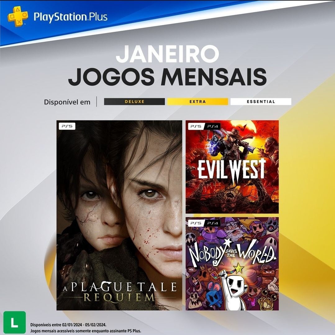 JCasualmente's tweet photo. Saiu os jogos de janeiro pra PS Plus! Gostaram? 😏
#psplus #aplaguetalerequiem #evilwest #nobodysavestheworld #psplusessentials https://t.co/c3qENNQTVA