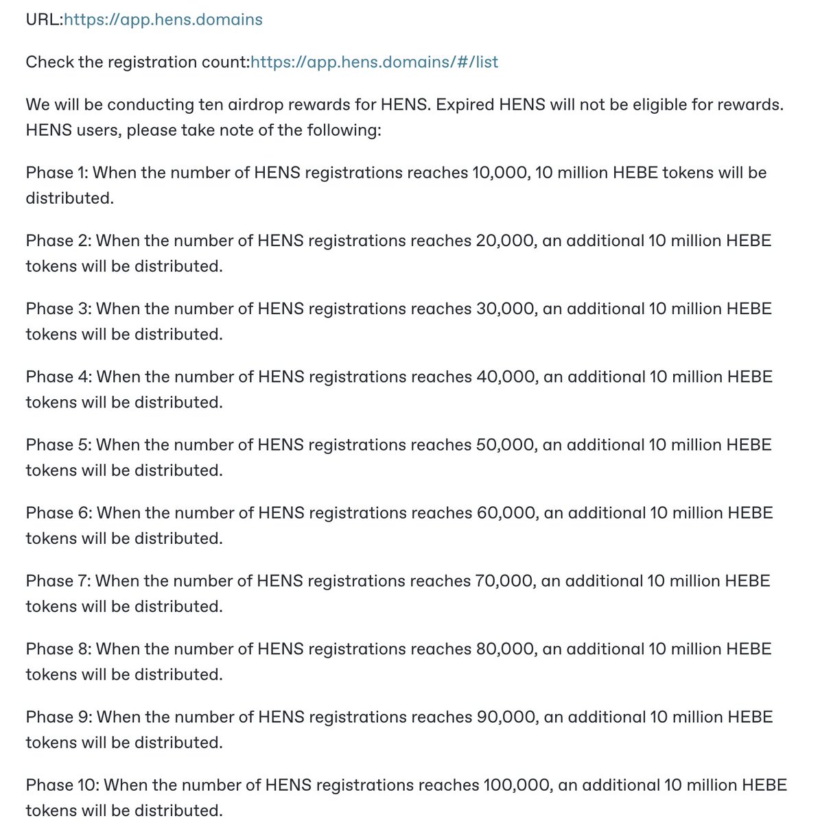 Thank you to the users who have been introducing HebeSwap on YouTube.

We haven't forgotten about the HENS registration airdrop. Our initial plan was to distribute 100 million $HEBE . 

Today, we are updating the details: for every 10,000 domain name registrations, there will be