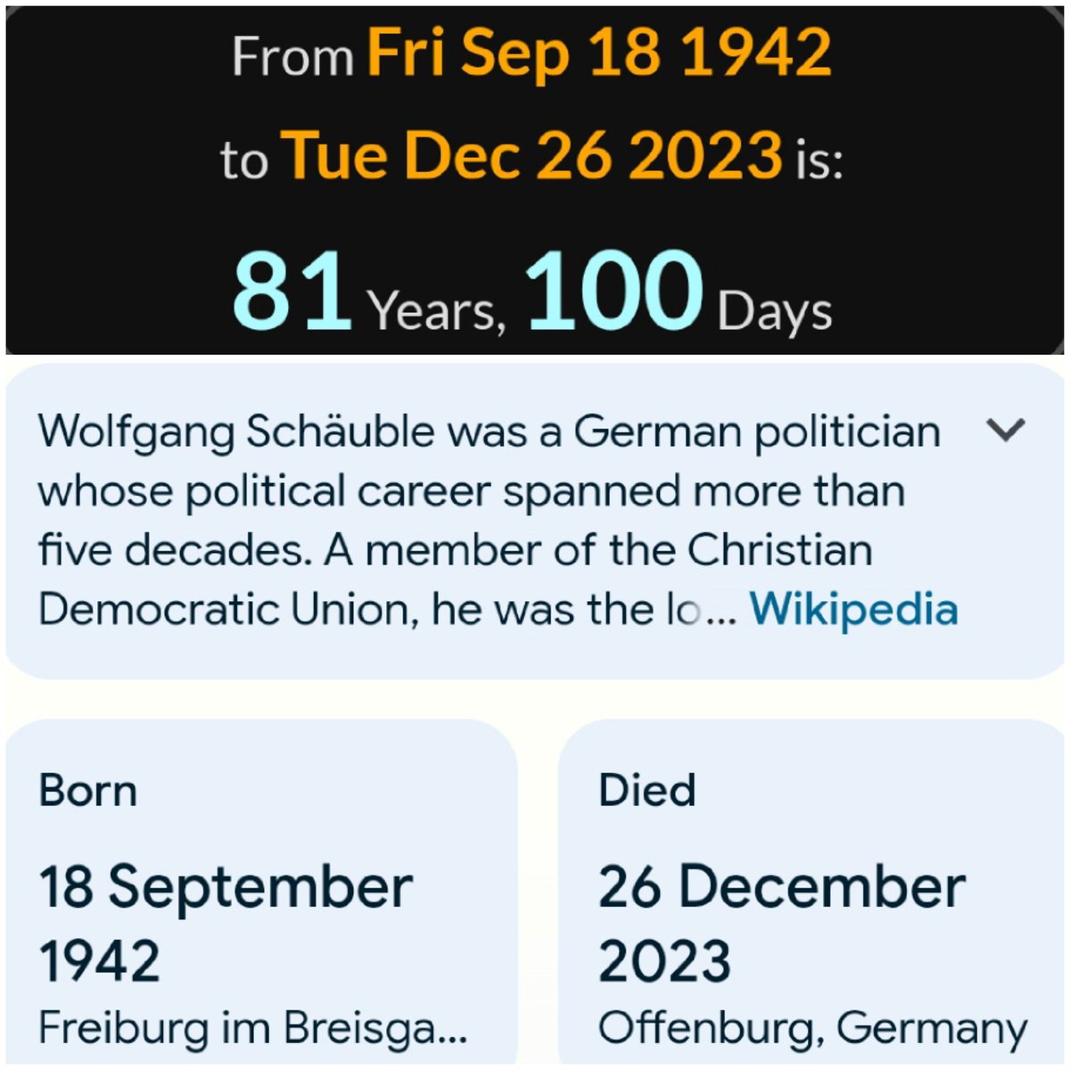 WeKnow_1234's tweet photo. The #Matrix just keeps on giving...
Wolfgang Schäuble: Merkel's no-nonsense finance minister dies aged 81
That's 81y100d including the day of his birth...
https://t.co/s9f03vR6NS
#Elon #EightyOne #InfinityOne #eighteen #LuckyNumber7 https://t.co/15yOhtmKhB