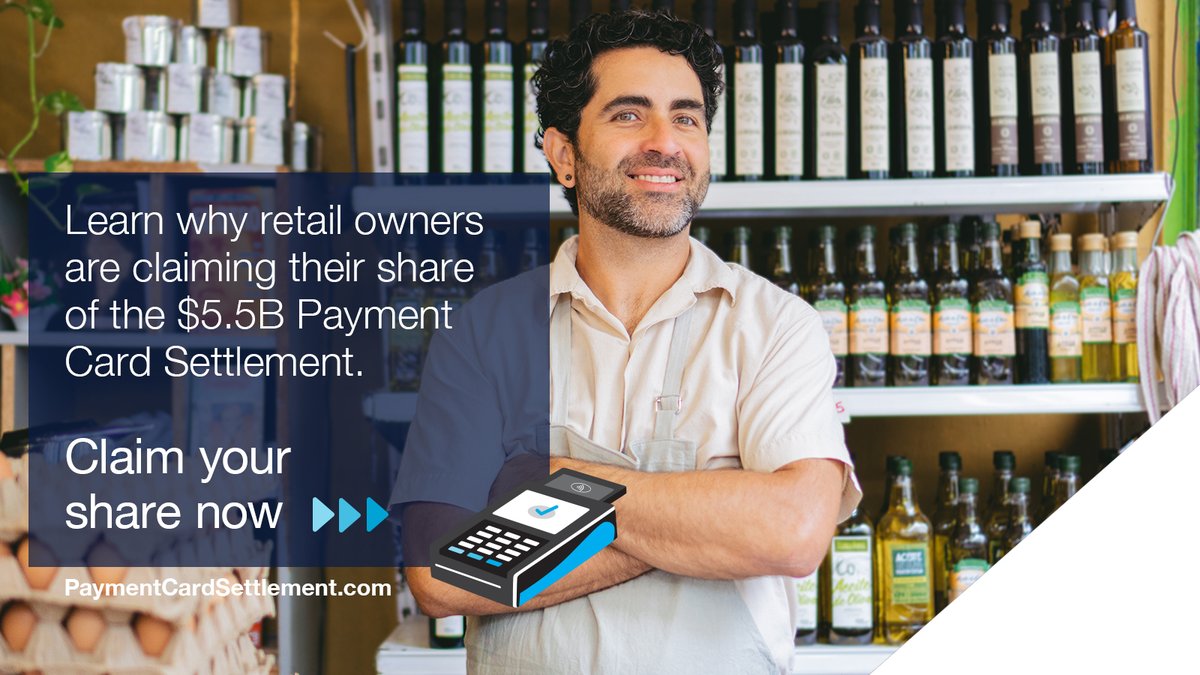 paymentcardcase's tweet photo. Are you a retail owner who accepted Visa and/or Mastercard from Jan. 1, 2004 - Jan. 25, 2019? You may be eligible for a share of $5.5B.
#retail #retailowner #businessowner #PaymentCardSettlement #retailbusiness #SmallBiz https://t.co/xK1mtTtzHG