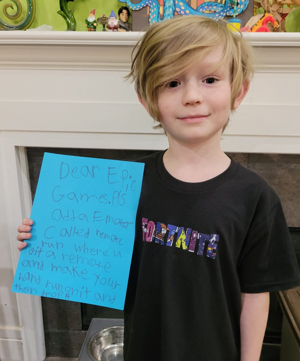 TouringBubble's tweet photo. @EpicGames @FortniteGame 
My son was very excited to share his emote idea with you. "Pls add a emote called remote run where you git a remote and make your hand run on it and then drop it." https://t.co/4GBeb0kfdo