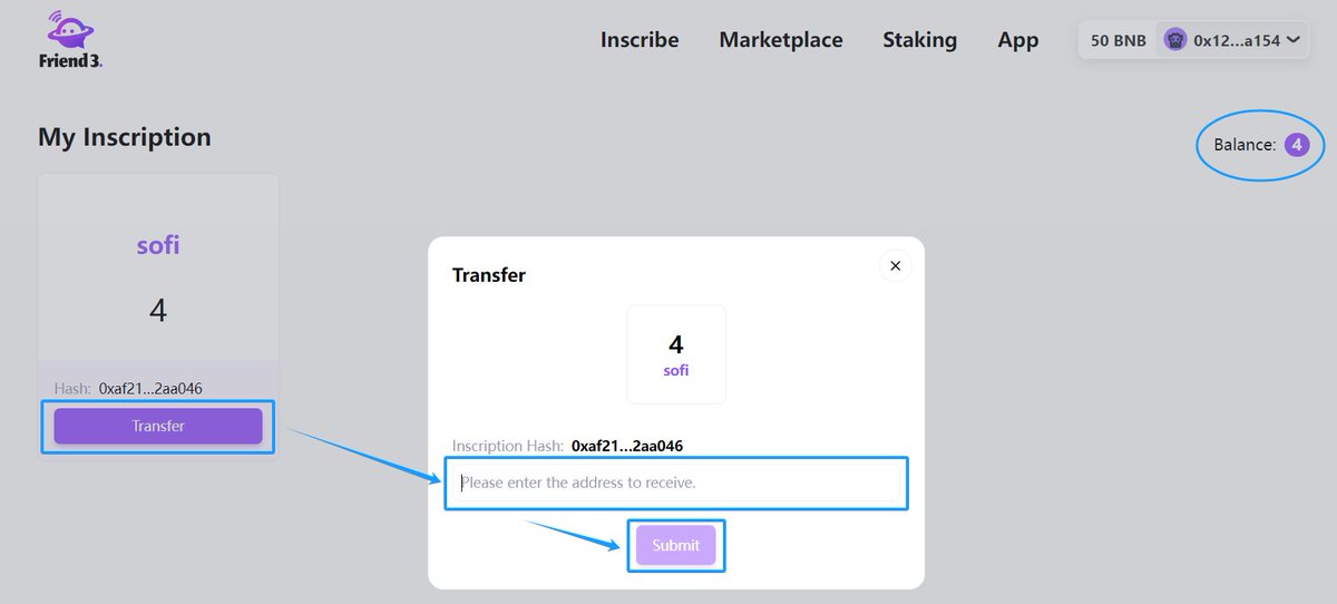 Friend3AI's tweet photo. 🚀 Wondering how to transfer the #inscription $sofi? 

Here's a quick guide: 
1⃣ Connect your wallet and visit https://t.co/5IH7XQVmYY
2⃣ Click on “My Inscriptions”. 
3⃣ Select your $sofi inscription and hit the “Transfer” button. 
4⃣ Enter the recipient's address in the popup and click "submit".

👥 Join our TG for more tips: https://t.co/yBsbHQGEdD