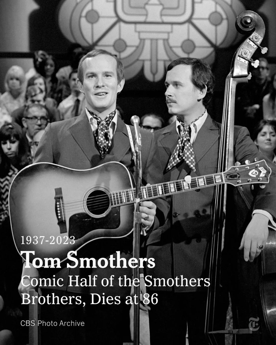 nytimes's tweet photo. Tom Smothers, of the comic folk duo the Smothers Brothers, whose skits and songs paved the way for shows like “Saturday Night Live,” has died. He was 86. https://t.co/WDt4PMEMsB https://t.co/yuxksuea40