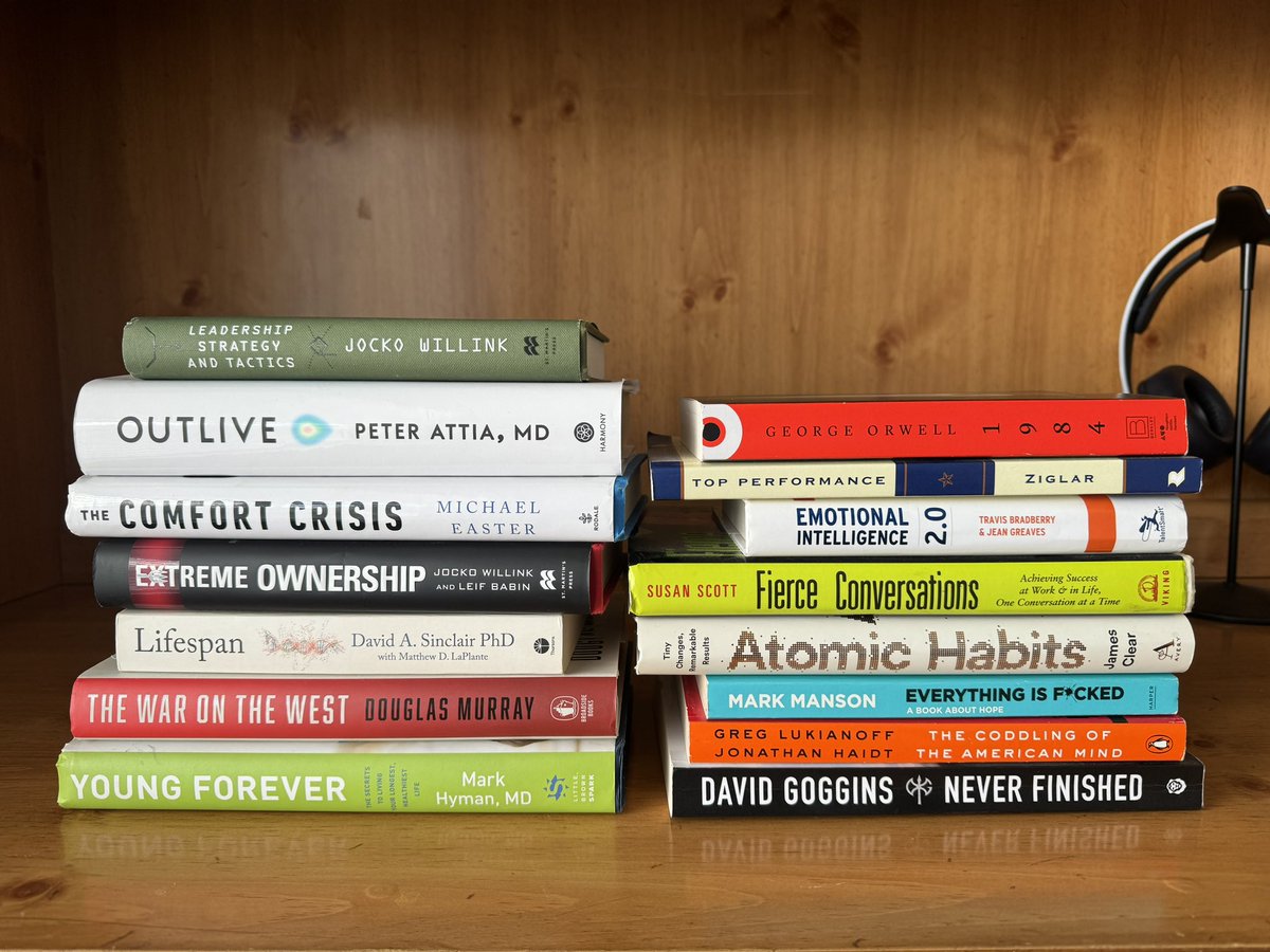 My 2023 complete reading list - 15 books in total - #NeverFinished #TheCoddlingOfTheAmericanMind #EverythingIsFucked #AtomicHabits #FierceCoversations #EmotionalIntelligence2.0 #TopPerformance #1984 #YoungForever #TheWarOnTheWest #Lifespan #ExtremeOwnership #TheComfortCrisis