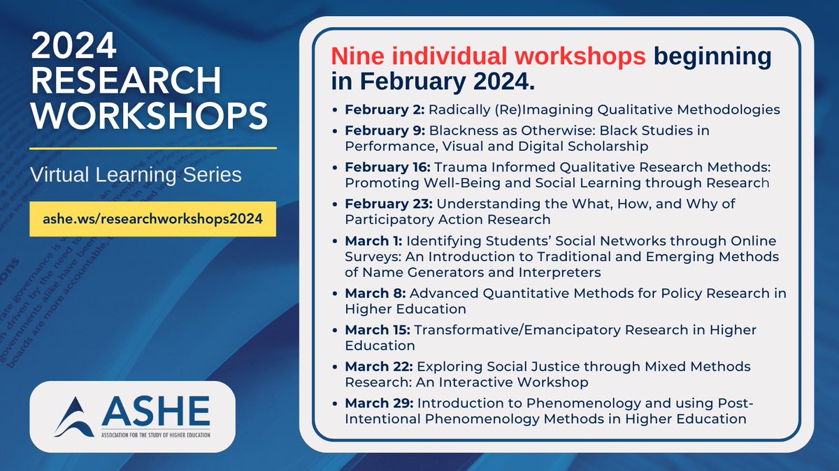 ASHE on X: Choose ASHE's 2024 Research Workshops for growth and practical  knowledge in research methodologies. Explore the latest trends and network  with fellow scholars. Secure your spot today! 🔗    /