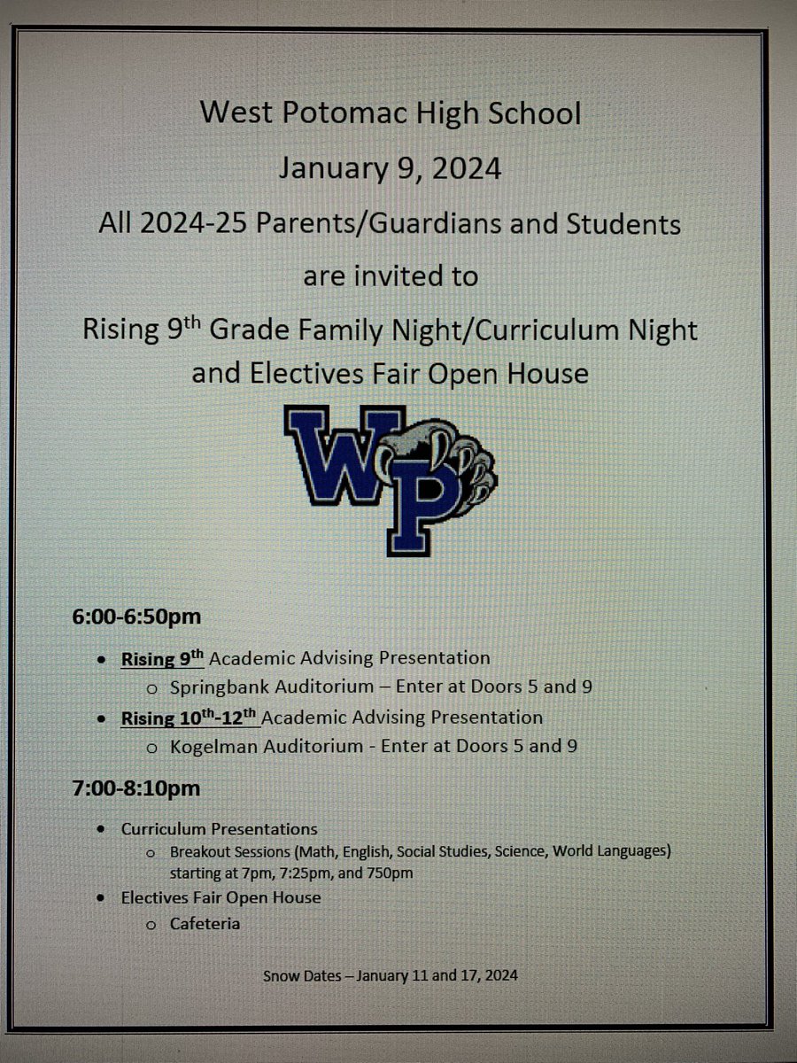 Happy winter break - a reminder to save the date Jan 9!  Excited to see all our current and future Wolverines as we prepare for 24-25 Academic Advising and Course Selection!  <a href="/theWPboard/">West Potomac HS (we/they/them)</a> <a href="/Sandburg_MS/">Sandburg MS</a> #WolverinePride