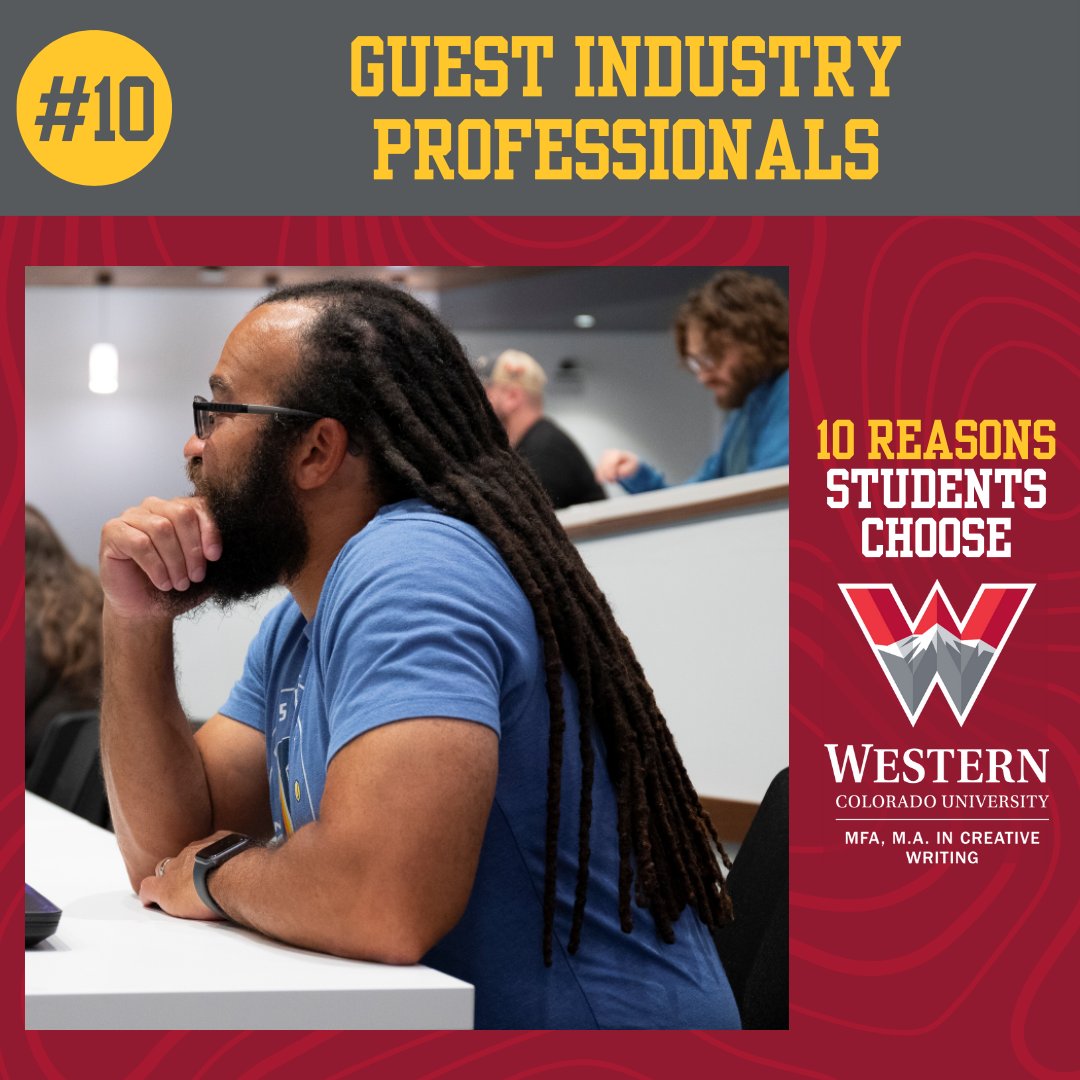Presenting 10 reasons students choose Western's GPCW! 
#10: Guest Industry Professionals - Each concentration invites industry experts (writers, editors, agents, etc.) to speak to students. Western.edu/MFA #WesternGPCW #writing #writingcommunity #WesternColoradoUniversity