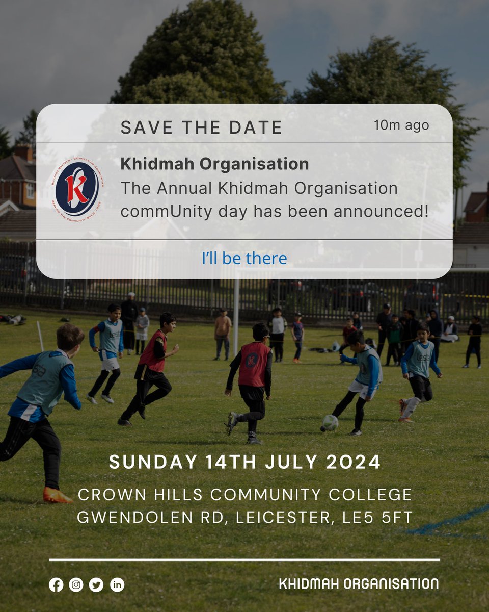Khidmahorg's tweet photo. Save the date for our annual CommUnity Funday📣

🗓️ Sunday 14th July 2024
📍 Crown Hills Community College

We request that Madrassa’s, participants and volunteers keep a note of this date. 

We’ll be in touch with further details soon! https://t.co/QPsQuUuIhI