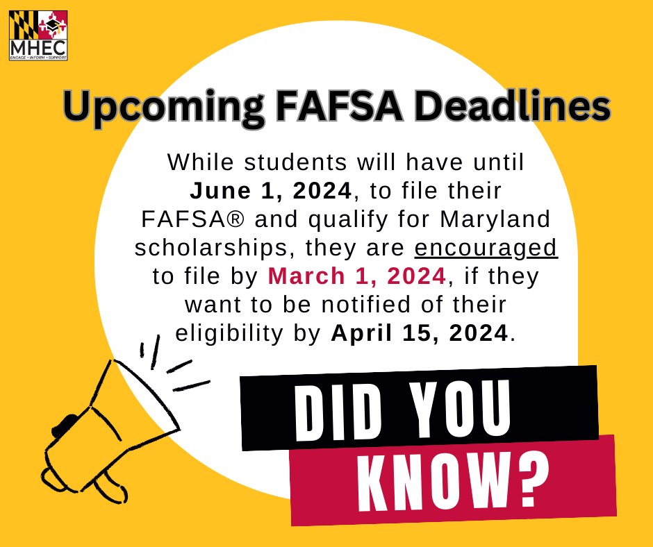 MDMHEC's tweet photo. Marylanders: Mark your calendars 📆! March 1, 2024, is the priority deadline for submitting your @FAFSA® and receiving PRIMARY consideration for state financial aid. The form becomes available by 12/31! Learn more: https://t.co/A12EpW71aU.
#MDScholarships #ApplyforFinancialAid https://t.co/09b3iIIt5W