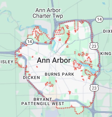 north0fnorth's tweet photo. idk why but the way ann arbor is almost perfectly contained by a single highway loop around the edge of the city is just so funny to me. are there any other north american cities like this https://t.co/3j73G1mArL