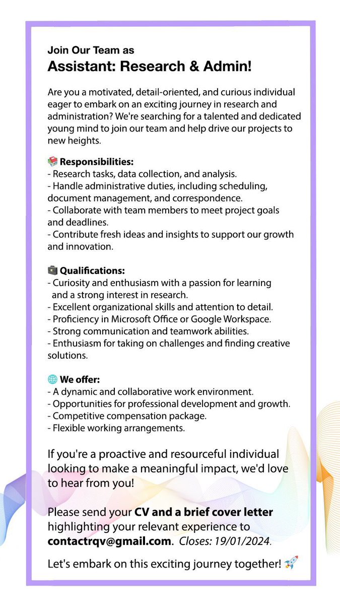 Exciting Opportunity! 🚀
Looking for smart &amp; proactive Research/Admin Assistant!
For someone who thrives with minimal supervision, this role is perfect.
Submission deadline: 19/01/24

Share with your network.
#JobOpportunity #HiringNow #Research #Admin #JoinOurTeam #Accra #Ghana