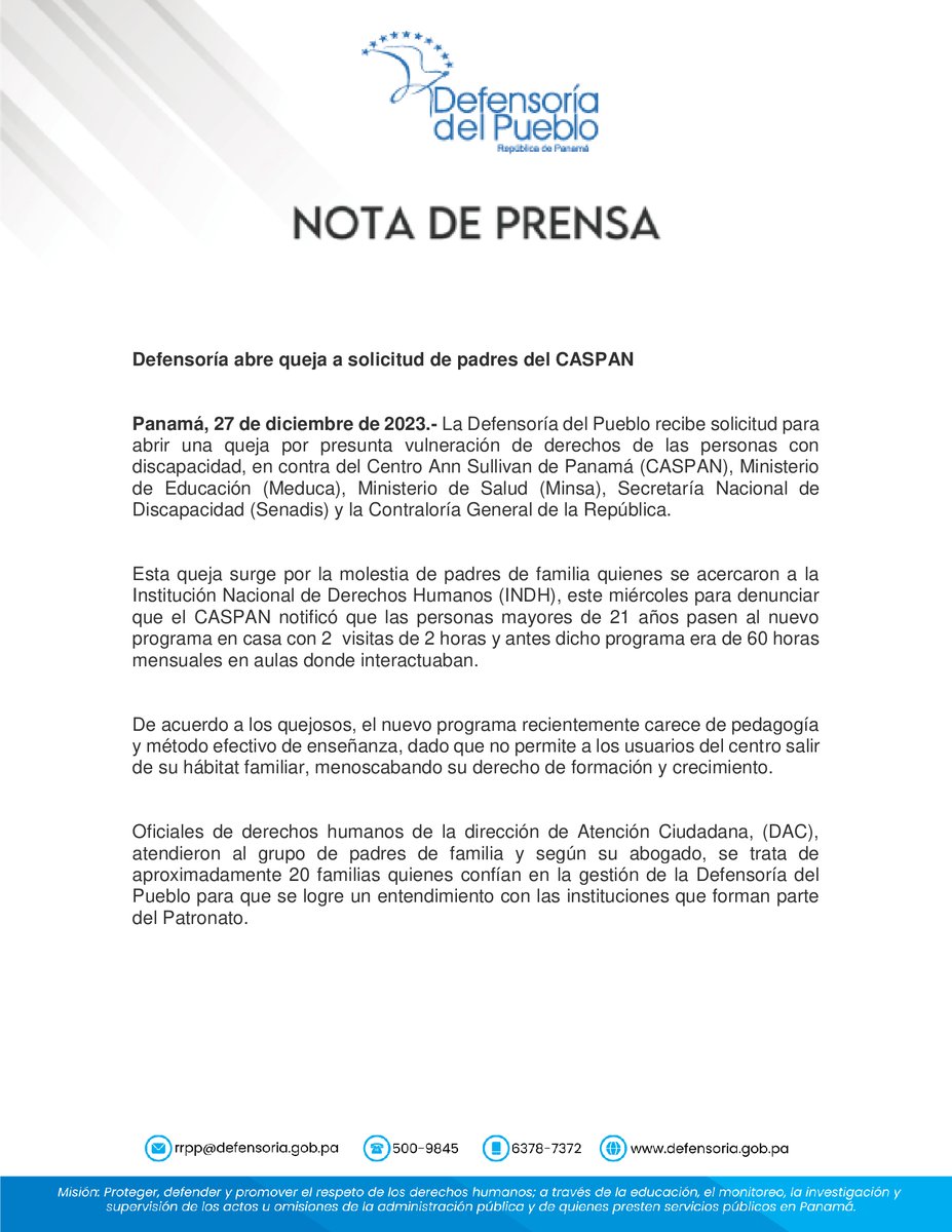 DefensoriaPan's tweet photo. Defensoría abre queja a solicitud de padres del CASPAN

@eleblancg @caspanpty @MeducaPma @SenadisPma @ContraloriaPma #DerechosHumanos https://t.co/2DseQb0beP