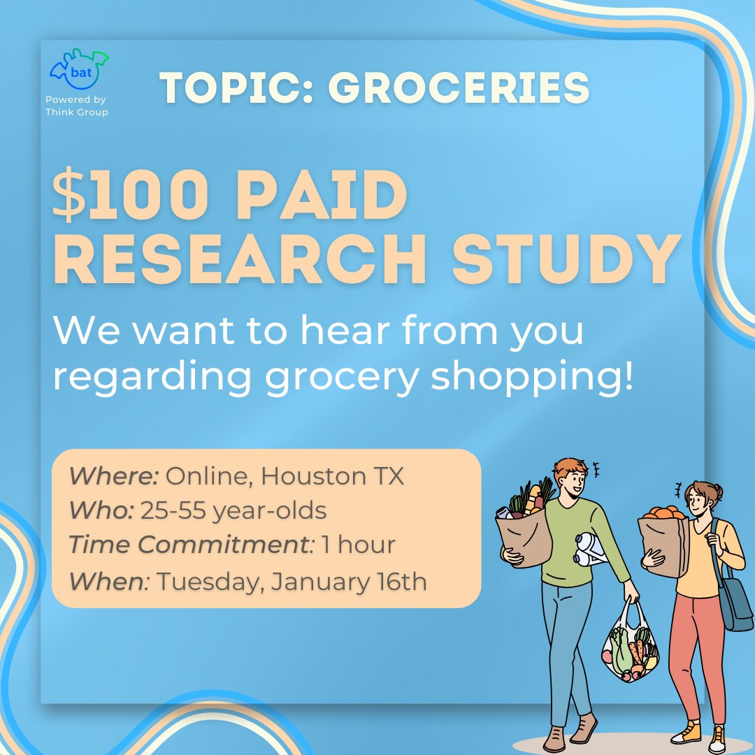 BecomeAThinker's tweet photo. *$100 Paid Study** We want to hear from you about your grocery shopping experiences!

Survey Link: https://t.co/LeF3P3jCbx

Who:25-55 year-olds
Where: Online, Houston TX
When: Tuesday, January 16th
Time Commitment: 1 hour
A recruiter will reach out by phone if you qualify! https://t.co/8chQdAksuO