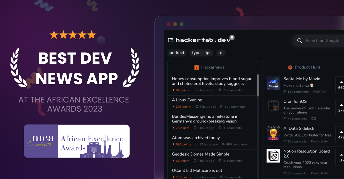 MedyO80's tweet image. 🥳 Hackertab has been awarded 

 ❯ 🏆 Best Dev News App  ❮ 

in the Middle East-Africa region at the 2023 African Excellence Awards 🎉 by @ME_Markets